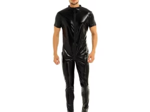 Catsuit de manga corta con cremallera frontal de látex para hombre