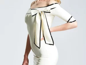Latex Drop-Shoulder Ribbon Cocktail Dress