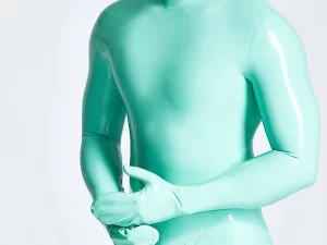 Latex Male Mitten-Sleeved Neck Entry Short Catsuit