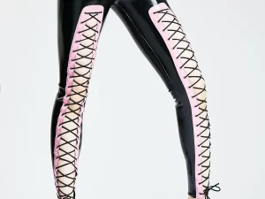 Black Latex Leggings Pink Lace-Up Side Details