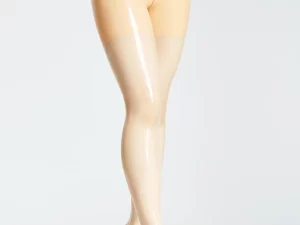Beige Latex Leggings With Front Zipper And High-Gloss Finish