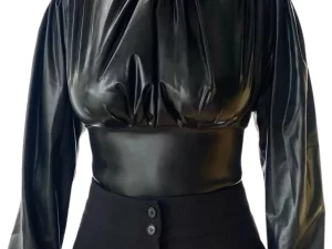 Elegante latex blouse met ruches, hoge kraag en rits