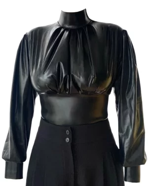 Latex Elegant Ruched Blouse with High Collar and Zipper