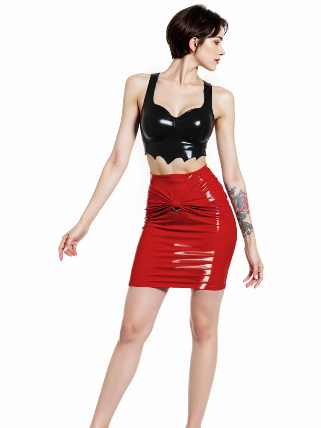 Latex Alectrona High Waisted A-Line Mini Skirt with Side Ruffles