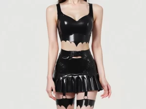 Latex Elvira Pleated Mini Skirt with Batwing Leg Garters & Buckle Straps
