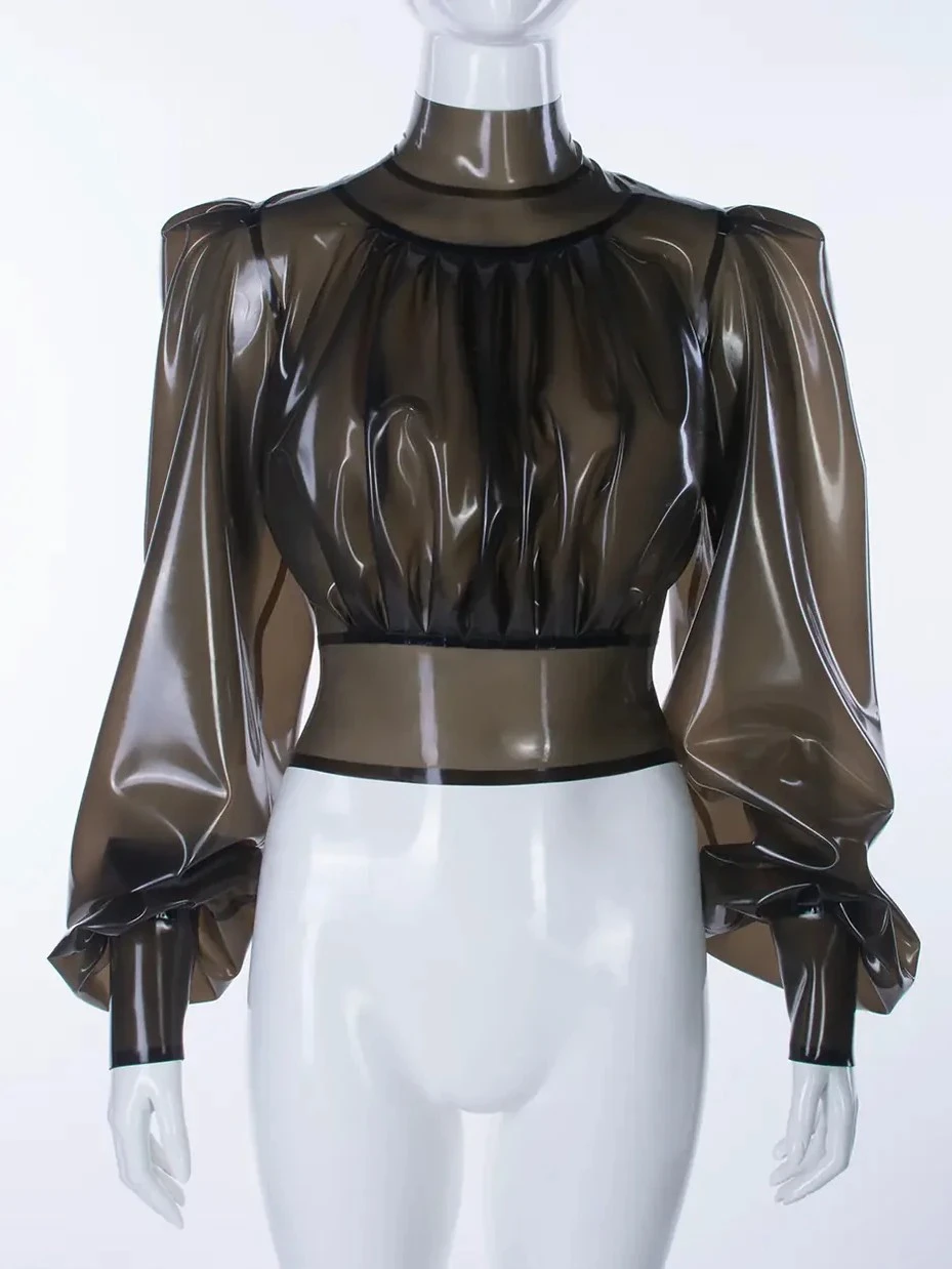 Latex top with high collar and concealed front zipper