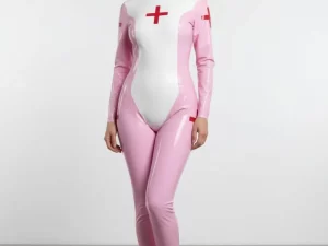 Latex gummi Cosplay sykepleier catsuit bodysuit med maske