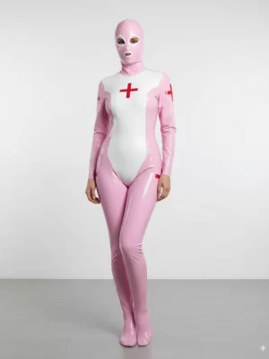 Latex Rubber Cosplay Nurse Catsuit Bodysuit With Mask