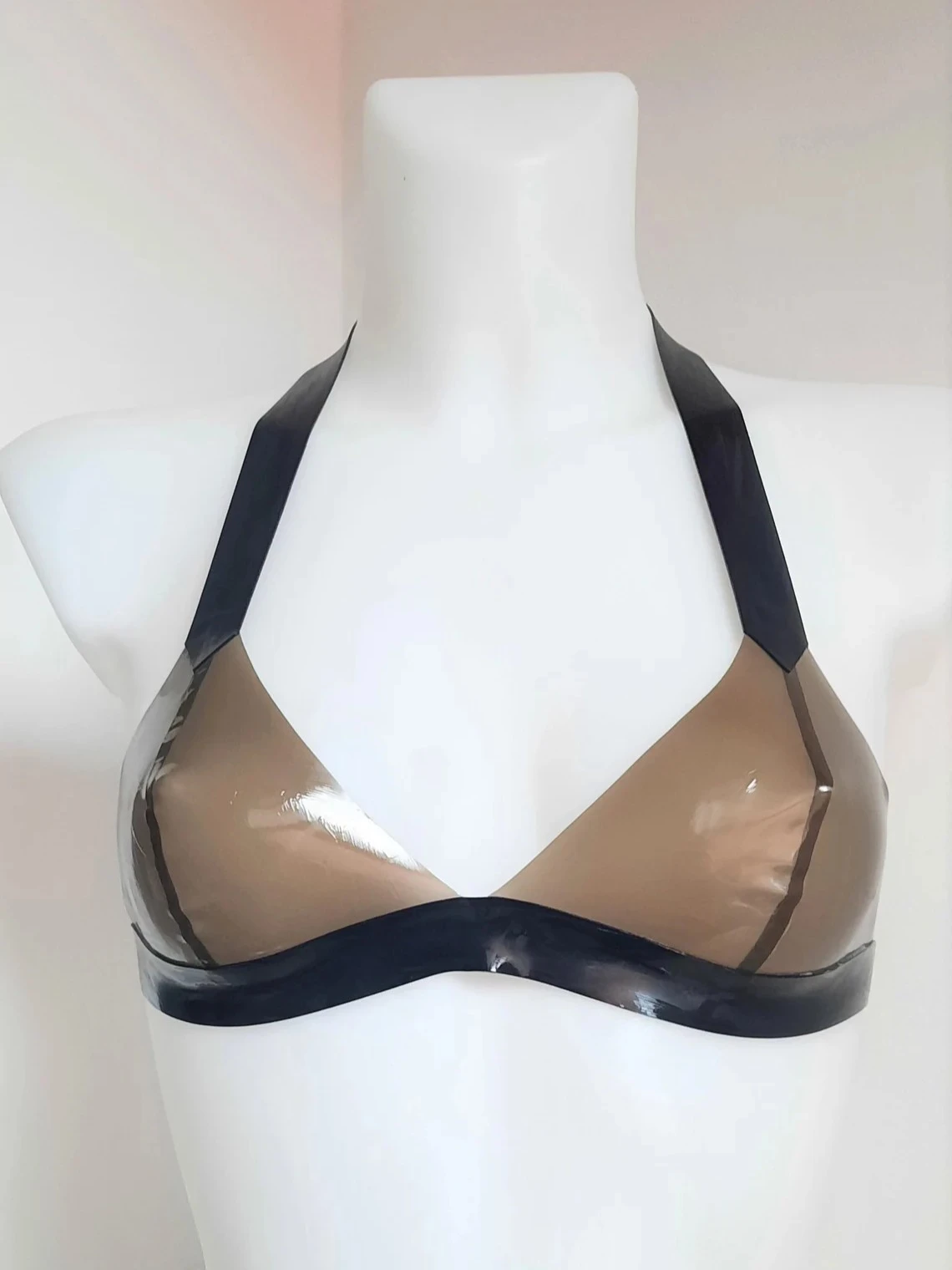 Latex Cream High Waist Lingerie Set with Black Piping