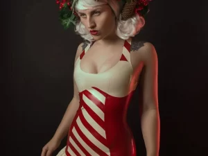 Latex Candy Cane Lingerie, Red & White Striped Christmas Playsuit