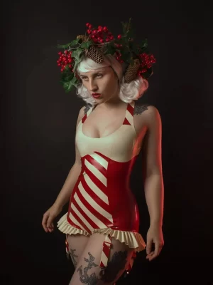 Latex Candy Cane Lingerie, Red & White Striped Christmas Playsuit