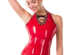 Latex Glossy Red Bodysuit with Black Lace-Up Front