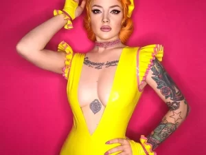 Latex Glossy Yellow Bodysuit with Deep V and Ruffle Trim