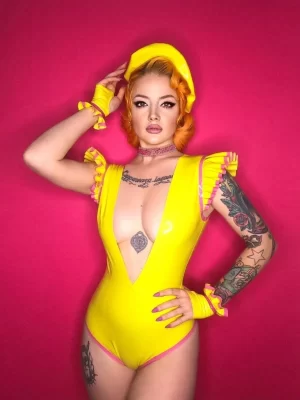 Latex Glossy Yellow Bodysuit with Deep V and Ruffle Trim