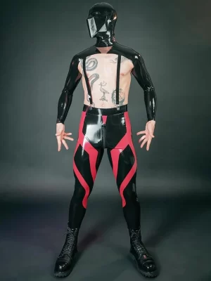 Latex Black And Red Geometric Patchwork Glossy Leggings