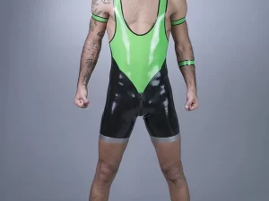 Latex Wrestler Singlet With Geometric Pattern Cuts