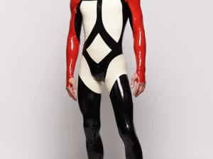 Latex Herre Sort, Hvid og Rød Catsuit Langærmet Helkrops Bodysuit