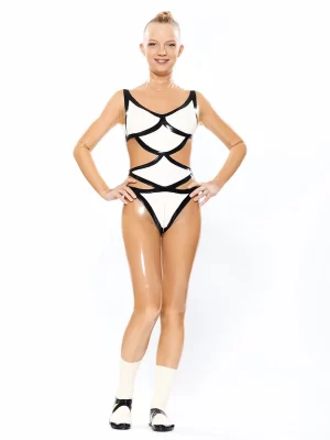 Latex Transparent Catsuit With White Geometric Panels & Black Trim