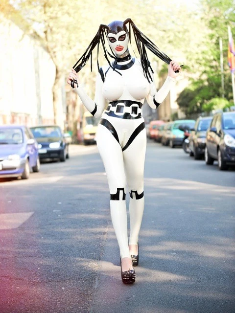 Latex Transparent Catsuit With White Geometric Panels & Black Trim