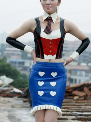 Latex Blue & White Heart Print Ruffle Pencil Mini Skirt