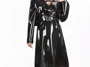 Latex Black Waist-tie Trench Coat