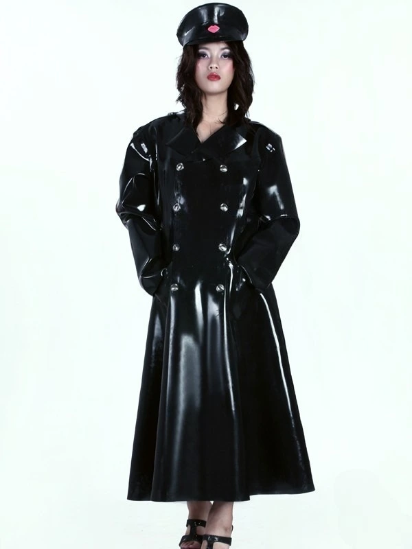 Latex Red Waist-tie Flared Hem Maxi Trench Coat